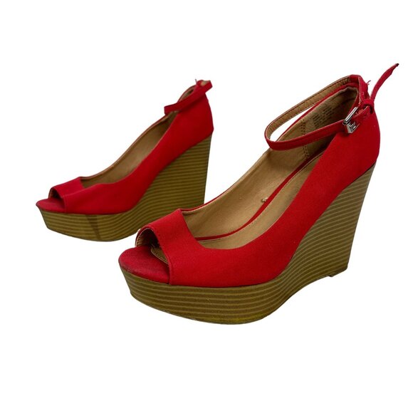 Report Womens Red Peep Toe Wedge Sandals With Ankle Strap Size 7 - Picture 1 of 7